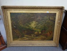 An antiquarian oil on canvas depicting a horse drawn hay cart in a wooded landscape,