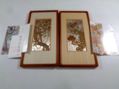 A pair of Kinuko framed oriental etchings, Nightingales in the flowering plum,