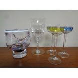 Five pieces of glassware to include three hand decorated mid 20th century German liqueur glasses