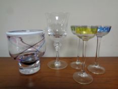 Five pieces of glassware to include three hand decorated mid 20th century German liqueur glasses