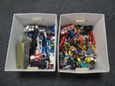 Two boxes of 20th century play worn die cast vehicles and play people