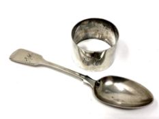 A Victorian silver spoon and a silver napkin ring. CONDITION REPORT: 50.5g.