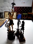 Three French spelter figures on wooden bases