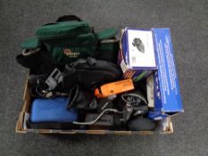 A box containing a quantity of assorted camera equipment to include camera bags,
