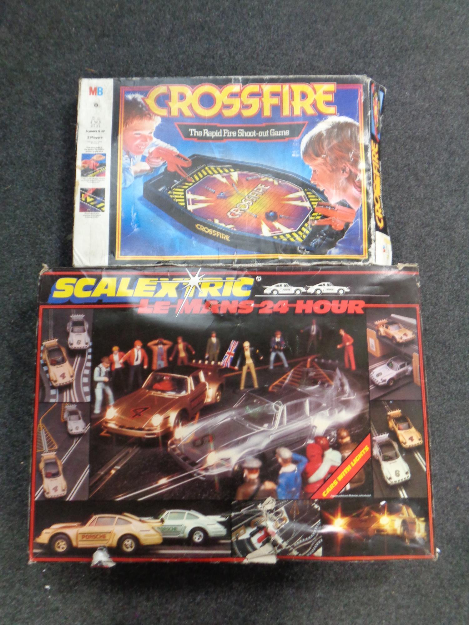 A Scalectrix Le Mans 24 Hour race set (no cars) and a vintage MB Crossfire game
