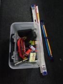 A crate of spirit levels, hand tools, hard ware,