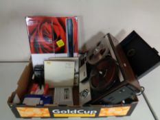 A box of vintage Sony Solid State reel to reel player and reels, boxed Toshiba DVD player,