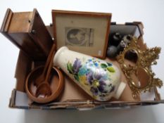 A box containing miscellaneous to include an antique glass hand painted vase, clock weights,