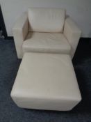 A Walter Knoll contemporary cream leather low back swivel armchair with matching stool