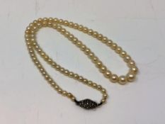 A strap of cultured pearls on silver marcasite clasp.