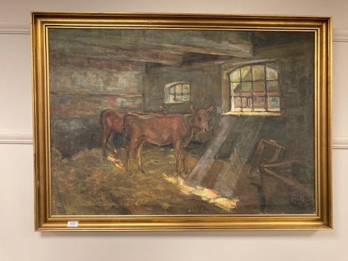 Continental school : Two calves in a barn, oil on canvas,