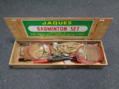 A Jacques badminton set in pine box CONDITION REPORT: This has five rackets and