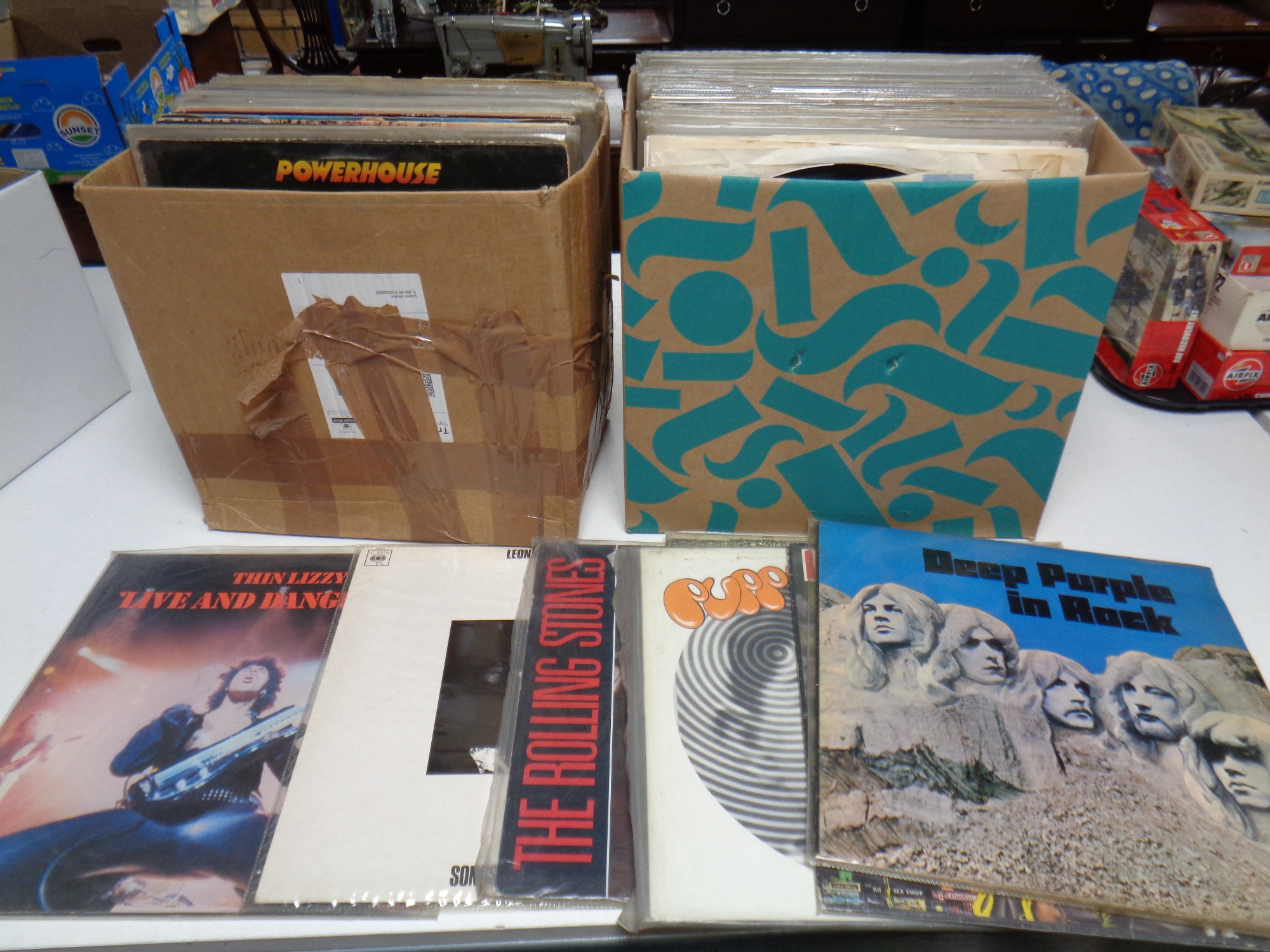 Two boxes containing vinyl LPs to include Deep Purple, Iron Maiden, Led Zeppelin, Rolling Stones,