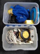 Two crates of reels and extension leads, Hella safety lantern,