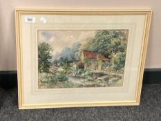 Hugh Wood : A water mill with trees beyond, watercolour,