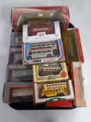 A tray containing a quantity of assorted die cast buses to include Corgi Models of Yesteryear,