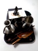 A tray containing miscellaneous to include cased and uncased cutlery, a Dickens museum figure,