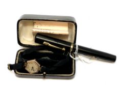 A Conway Stewart fountain pen with 14ct gold nib, together with a 9ct gold vintage wrist watch.