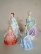 A Royal Doulton figure, Rose HN1368, together with three Coalport figures, Stella,