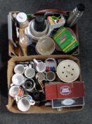 Two boxes of kitchen ware, mugs,