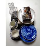 A tray containing five Danish blue and white plates,