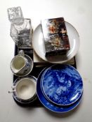 A tray containing five Danish blue and white plates,