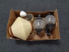 A box containing a pair of glass and metal wall lights together with a 1930s glass pendant light