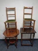 A pair of Edwardian bedroom chairs together with a hexagonal occasional table and a barley twist