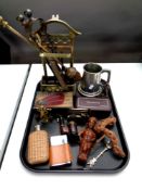 A tray containing miscellaneous to include an antique brass companion stand with companion pieces,