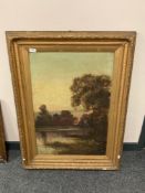 19th century school : Trees by a lake, oil on canvas, indistinctly signed,