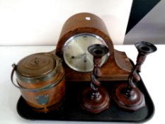 A tray containing Edwardian oak and plated biscuit barrel,