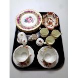A tray containing pair of Royal Crown Derby floral patterned cups and saucers, Masons shallow dish,