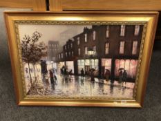 A Barry Hilton oil on canvas, figures on a lamp lit street,