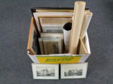 A box containing a quantity of continental pictures and prints to include black and white etchings,