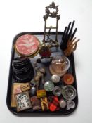 A tray containing miscellaneous to include wooden ring stands in the form of hands,