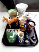 A tray containing assorted ceramics to include Maling wall pocket,