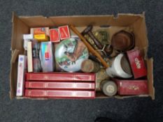 A box of miscellania : vintage Oxo tins, brass and copper ware, phonograph reels in boxes,