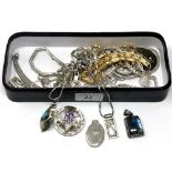 A box containing silver and white metal jewellery, Scottish silver brooch, silver locket etc.