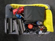 A crate of assorted car jacks, hydraulic bottle jacks, tyre inflating foam,