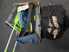 A box and a holdall of assorted bags, AA car kit, folding trolley,