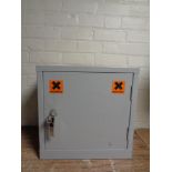 A wall mounted metal cabinet with key