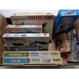 A box containing eight plastic modelling kits to include Airfix and Matchbox naval boats and
