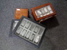 Three watch display boxes and a box of costume jewellery