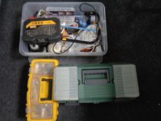 A crate and two tool boxes of hand tools, drill bits, hard ware,