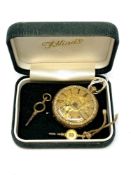 An 18ct yellow gold pocket watch with engraved dial, centre seconds,