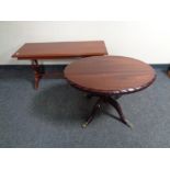An oval mahogany pedestal coffee table together with a further coffee table