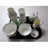 A tray containing assorted ceramics to include Royal Worcester teapot and cheese knife,