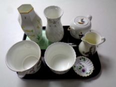 A tray containing assorted ceramics to include Royal Worcester teapot and cheese knife,