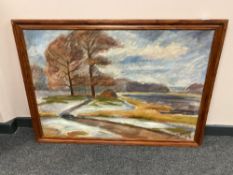 Continental school : Trees by a lake, oil on canvas,