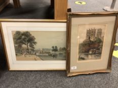 A hand coloured etching depicting Durham Cathedral, together with a further print by R.